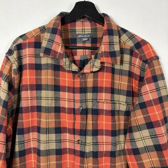Eddie Bauer Mens Flannel Shirt XXL Orange Bristol Harvest Plaid Button Up Cotton - Picture 4 of 14